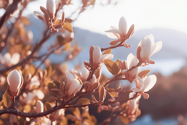 Ai generatieve Magnolia bloemen in het zonsonderganglicht