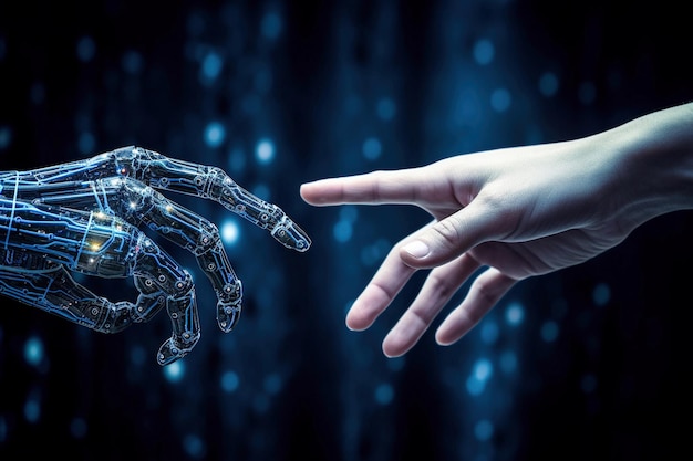 AI generatieve Robot en menselijke handen raken elkaar