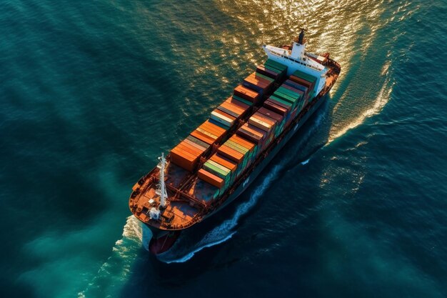AI generatieve vrachtschip container in de zee dag weergave centrum van water close medium view antenne