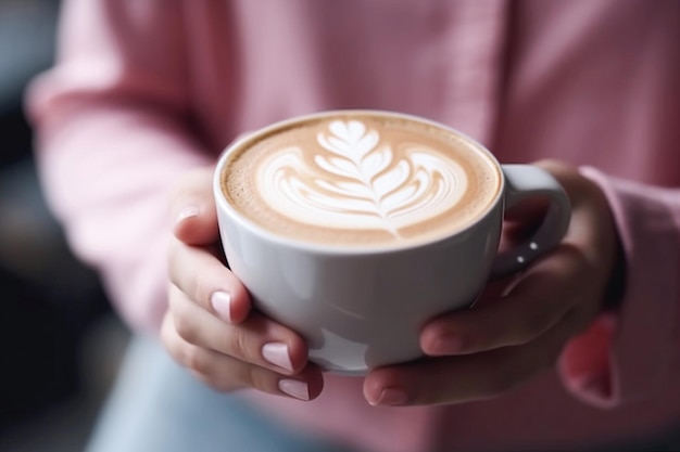 Ai generatieve Vrouwenhanden met kop van koffie met latteart