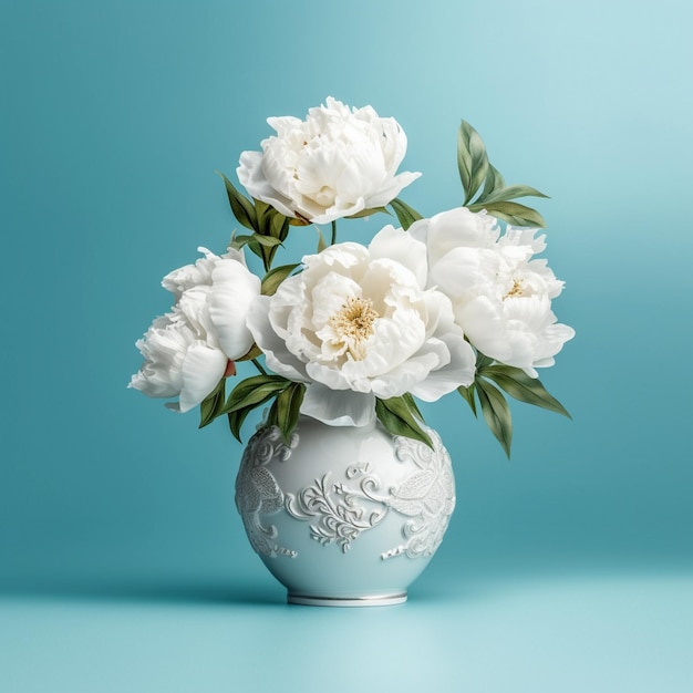 AI generatieve witte pioenbloem met bladeren in een gedecoreerde vaas moderne stijl zeer gedetailleerd