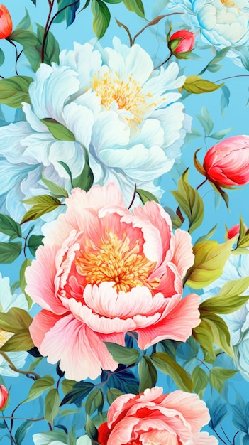 Photo ai generation hand drawn illustration with peony flowers on blue background high quality