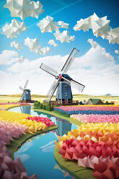 AI Generative 3D Origami Field Cut Wallpaper A Charming Dutch Windmill and Vibrant Tulip Fields