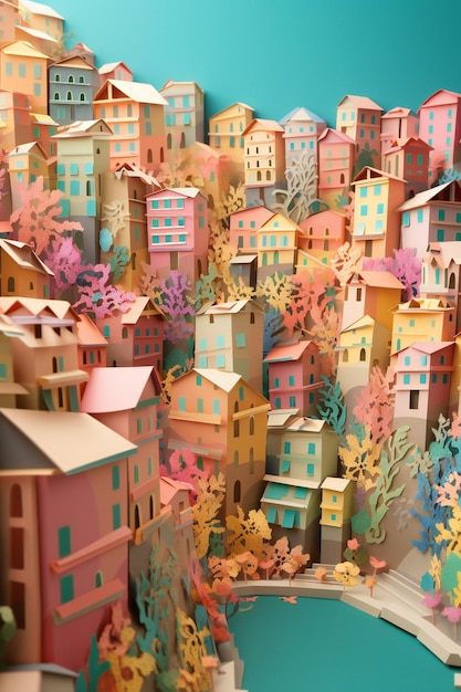 AI Generative 3D Origami Field Cut Wallpaper A Charming Italian Town Perched on Cliffs above the Sea