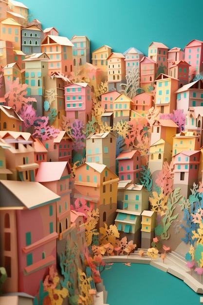 AI Generative 3D Origami Field Cut Wallpaper Een charmante Italiaanse stad op kliffen boven de zee