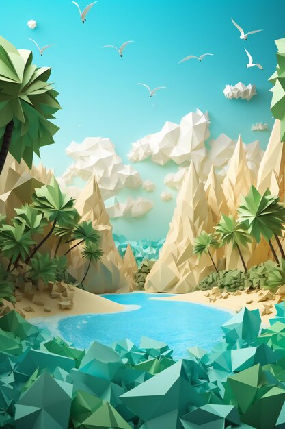 AI Generative 3D Origami Field Cut Wallpaper hidden beach at tropical island