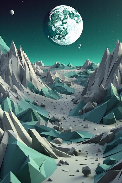 AI Generative 3D Origami Field Cut Wallpaper A Mesmerizing Lunar Landscape Framed by Rugged Terrain