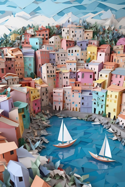 AI Generative 3D Origami Field Cut Wallpaper A Quaint Italian Town Overlooking the Mediterranean