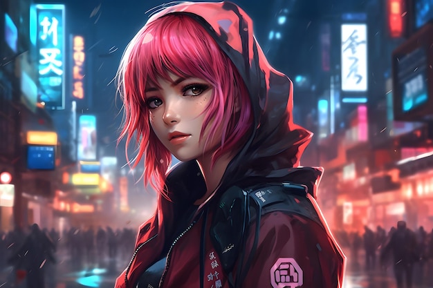 Ai generative anime girl in cyberpunk city in anime style