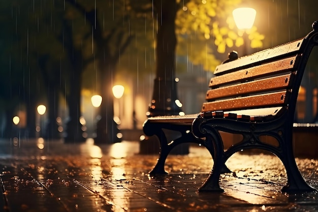雨の中の公園のベンチをフィーチャーした AI ジェネレーティブ アート