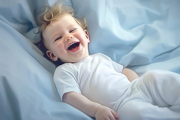 Генеративный AI мальчик лежит в постели в настроении смеяться