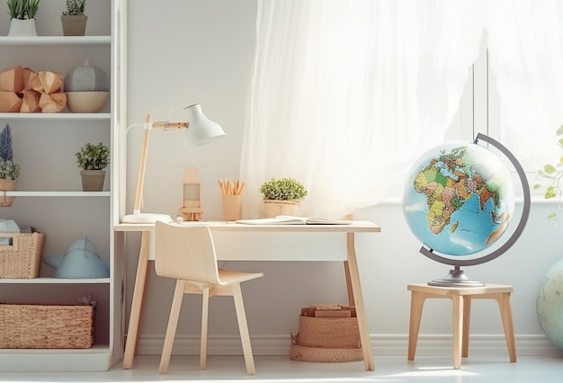 Ai generative Back to school Kids bedroom with wooden desk books globe