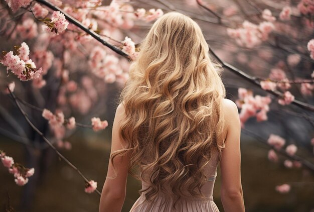 Фото Аи генеративный задний вид красивая молодая женщина с длинными кудрявыми светлыми волосами на фоне вишневых цветов