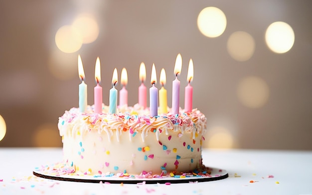 Ai generative Birthday cake decorated with colorful sprinkles and candles on light pastel background