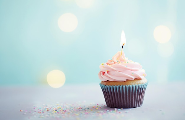 Ai generative Birthday cupcake with candle light pastel background