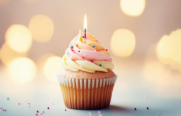 Ai generative Birthday cupcake with candle light pastel background