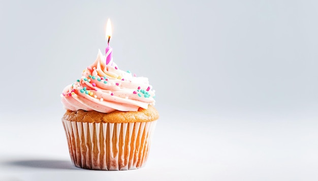 AI generative Birthday cupcake with candle on white background