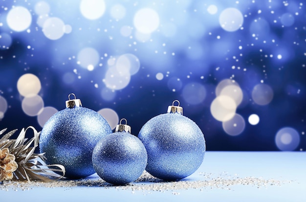 Ai generative Blue Christmas balls with decoration on shiny background