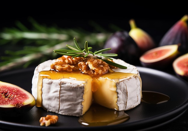 Ai generative Camembert cheese with fig fruits honey walnuts and rosemary