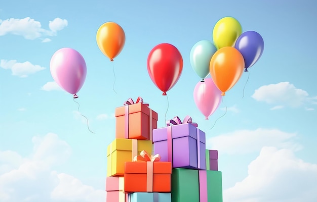 AI generative Colorful Balloons flying with gift boxes