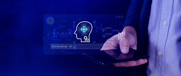 인공지능 (AI) - 기술을 이용한 생성 개념, 작업 도구를 위한 생성 AI, 기술을 이용한 AI와 대화, 스마트 로, AI, 인공 지능을 이용해 무언가를 생성한다.