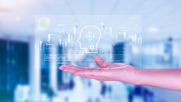 인공지능 (AI) - 기술을 이용한 생성 개념, 작업 도구를 위한 생성 AI, 기술을 이용한 AI와 대화, 스마트 로, AI, 인공 지능을 이용해 무언가를 생성한다.