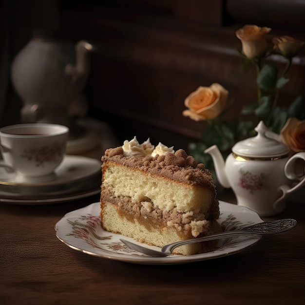 AI 생성 크림 케이크와 나무 배경에 커피 한 잔 선택적 초점