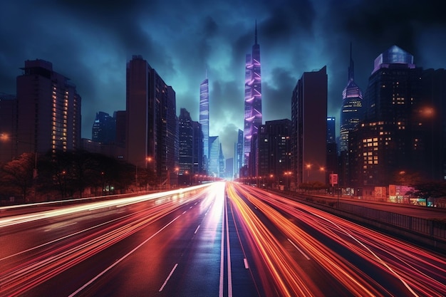 AI Generative Een dynamisch stadsbeeld 's nachts met lichtstrepen van passerende auto's