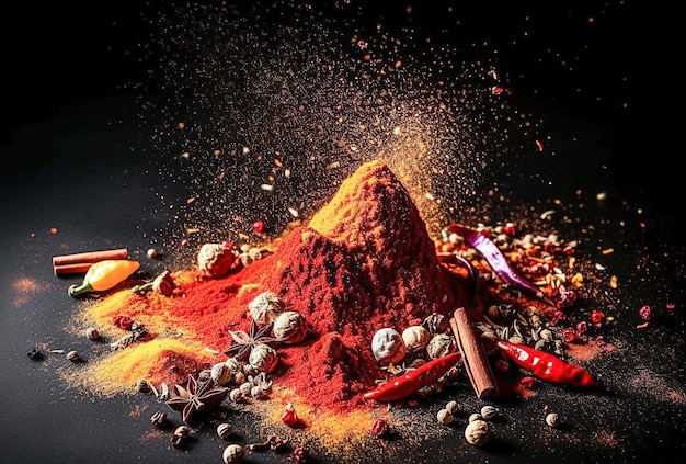 Ai generative Explosion of different spices on a dark