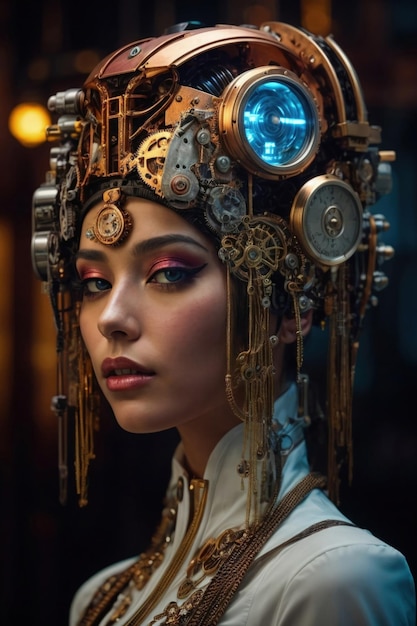 Photo ai generative female cyborg with mechanisms and wires in head digital technological as a background