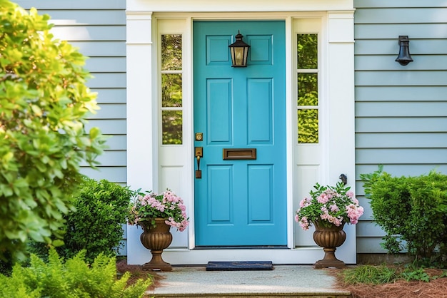 Ai generativa un'entrata principale di una casa con una porta blu