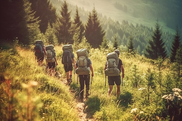 Photo ai generative group of tourists hiking in the mountains