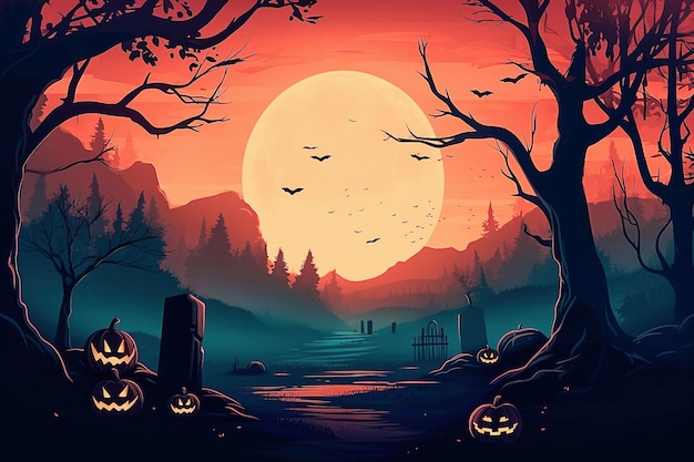 Ai generative Halloween background with creepy landscape of night sky