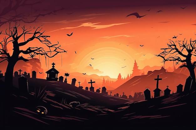 Ai generative Halloween background with creepy landscape of night sky