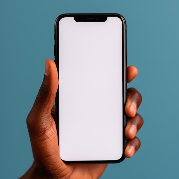 단순한 스타일의 흰색 화면이 있는 전화기를 들고 있는 AI 생성 손
