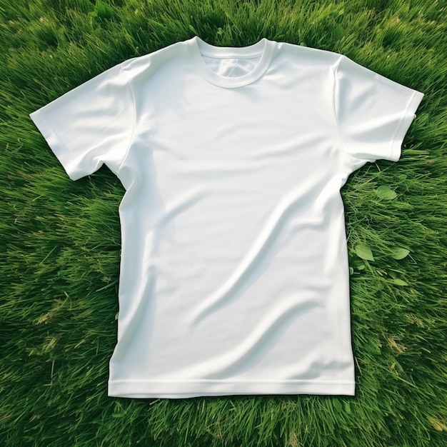 Фото Высокое качество пустой белой футболки на зеленой траве идеально подходит для предварительного просмотра макета
