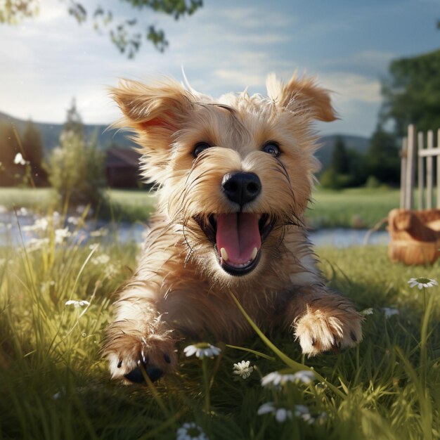 AI generative high quality photo of a happy dog playing ball on the grass