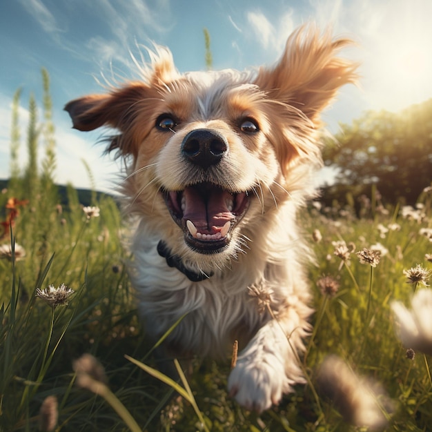 AI generative high quality photo of a happy dog playing ball on the grass