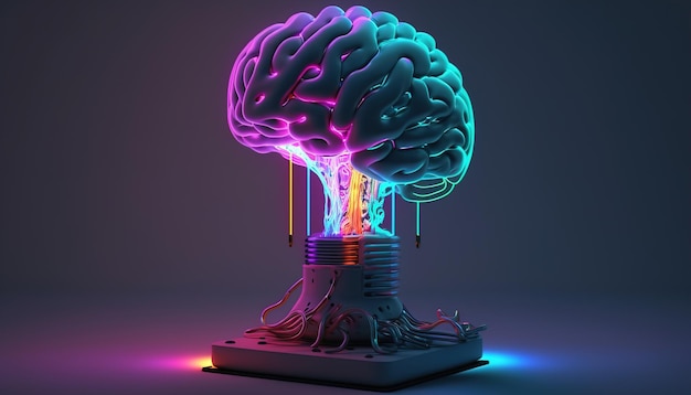 네온 불빛이 있는 뇌 램프 전구가 있는 Ai 생성 그림 콜라주 아이디어 및 창의성 개념