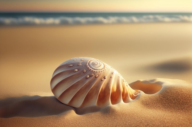 海を背景に浜辺の砂の上で休む巻貝の AI ジェネレーティブ イラスト