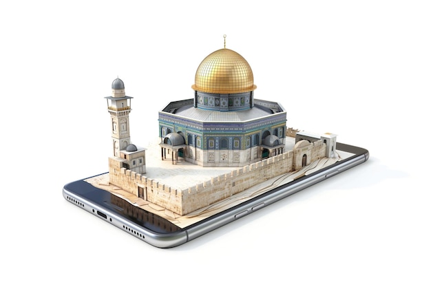 Photo an ai generative image of alaqsa mosque and dome of rock appear on smartphone