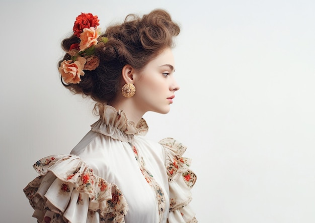 Ai generative image Aristocratic girl in blouse with frill and flowers in her hair