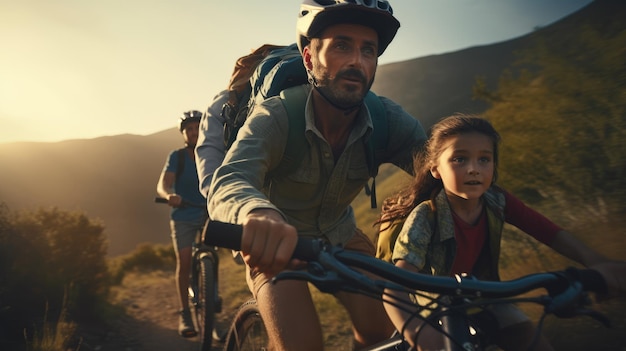 Изображение семьи, мамы, папы и детей на велосипеде в горной местности, туристы