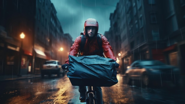 雨の中大きなバックパックを背負って街の通りで自転車に乗っている食料配達の男性の生成画像