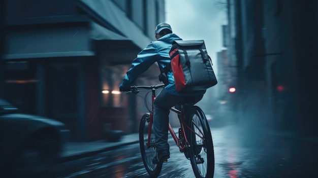 Ai generative image of food delivery man riding a bicycle on a city street with a large backpack in the rain