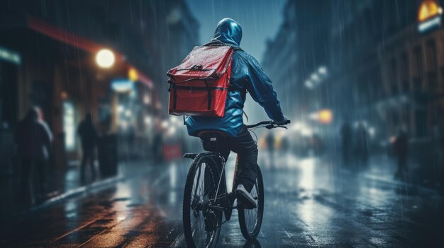 Photo ai generative image of food delivery man riding a bicycle on a city street with a large backpack in the rain