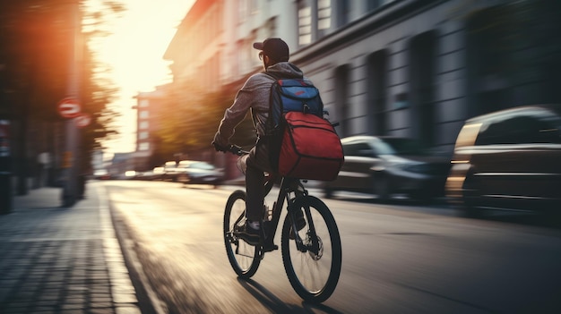 Генеративный образ доставщика еды, едущего на велосипеде по городской улице с большим рюкзаком на закате