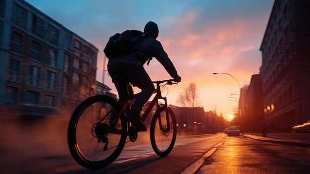 Ai generative image of food delivery man riding a bicycle on a city street with a large backpack on sunset