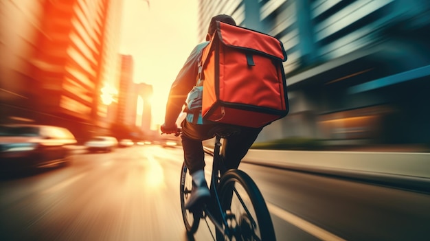 Ai generative image of food delivery man riding a bicycle on a city street with a large backpack on sunset