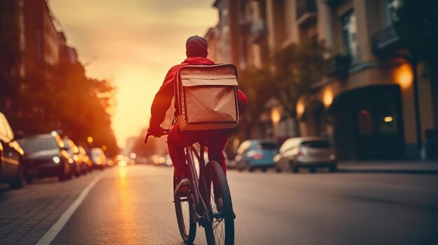 Ai generative image of food delivery man riding a bicycle on a city street with a large backpack on sunset